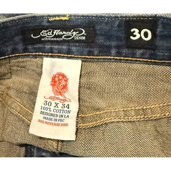 Ed Hardy by Christian Audigier Men's Dragon Embroidered Jeans Distressed Blue Si - Picture 10 of 11